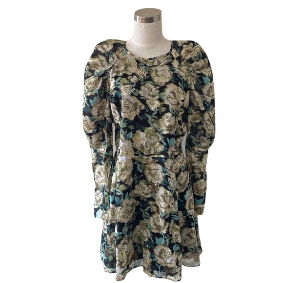 H&M Dresses & Skirts - H&M Teal/Blk/Metallic Floral Brocade L/S Mini Dress with Puff Sleeves/Sz 10/EUC!